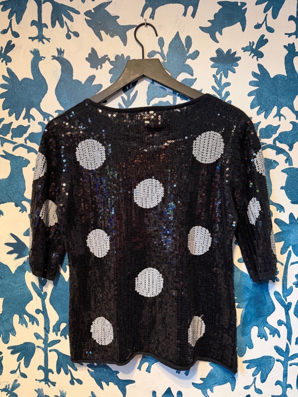 twiggy LONDON Black Sequin Top White Polka Dots - 3/4 Sleeve Tee - cotton lined